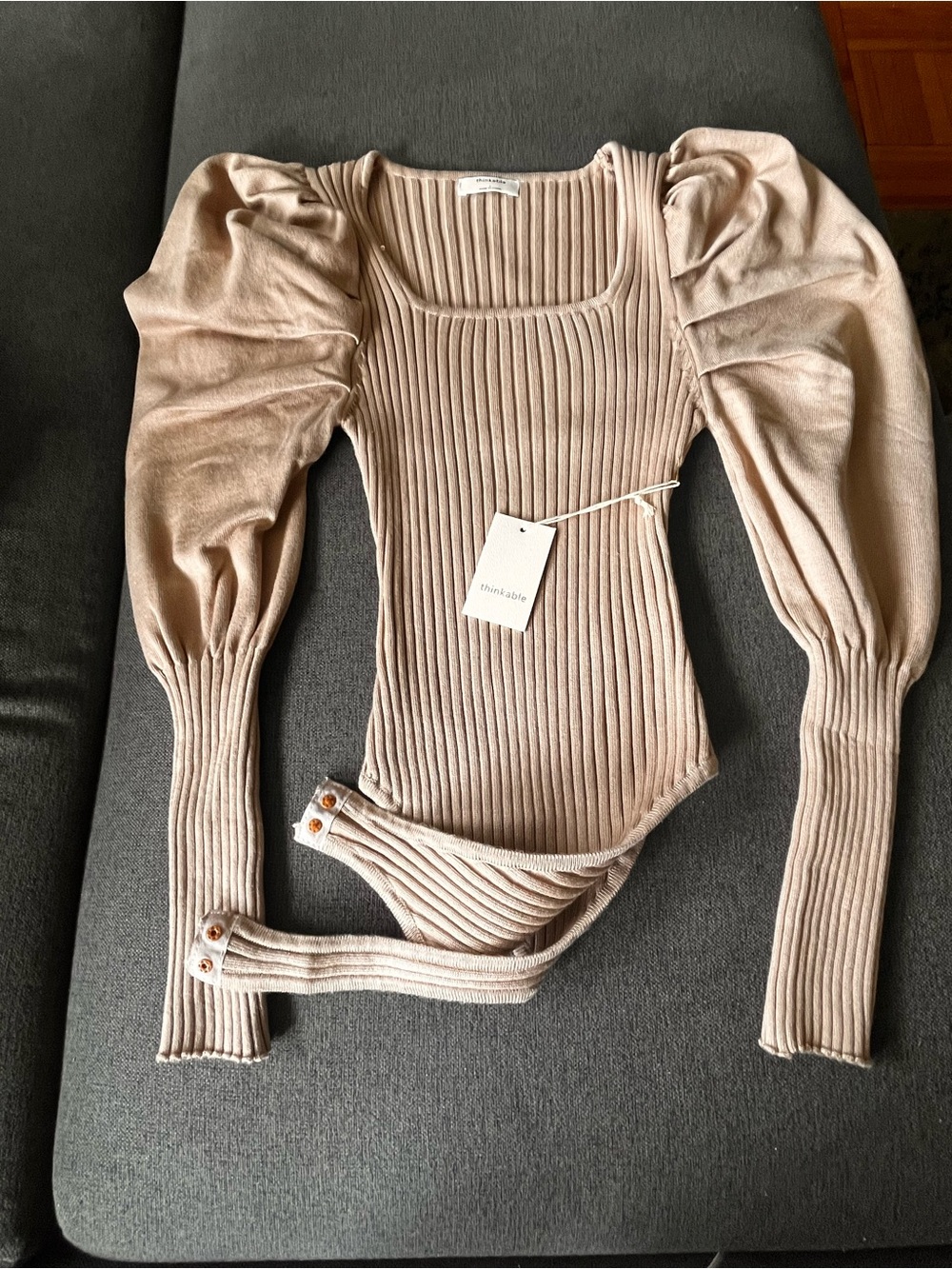 Thinkable Taupe Ribbed Balloon Sleeve Bodysuit NWT L women